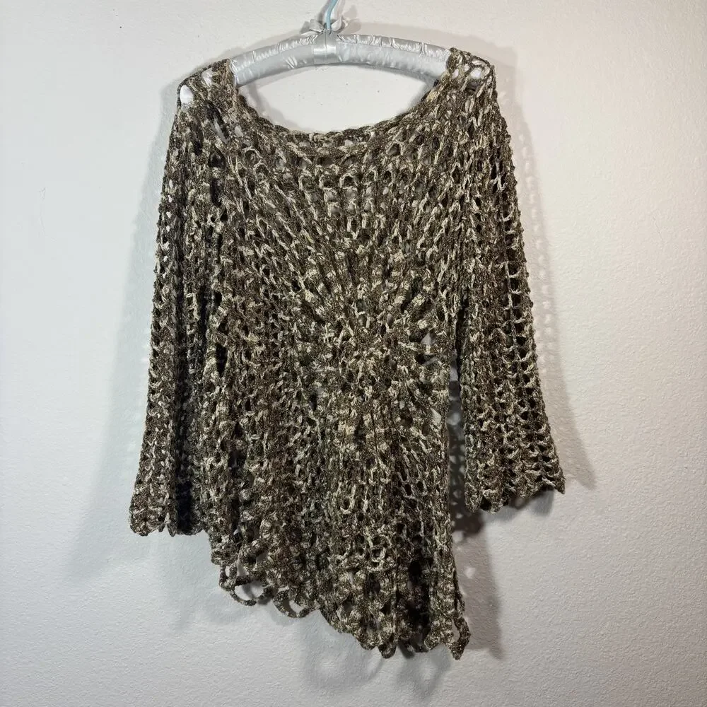 Unbranded Y2K Beige/Tan Crochet Top M/L Asymmetrical Hem Spiral Floral Fairy